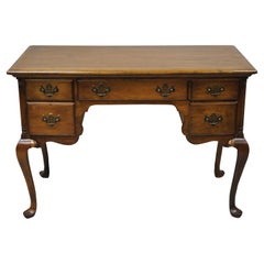 Antique English Queen Anne Style Mahogany Kneehole Writing Desk with 5 Drawers