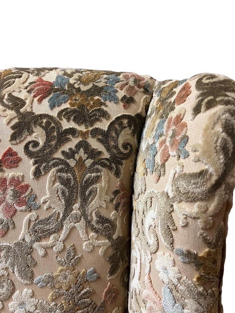 Antique English Queen Anne Style Sofa Chair with Original Floral with Ottoman For Sale at