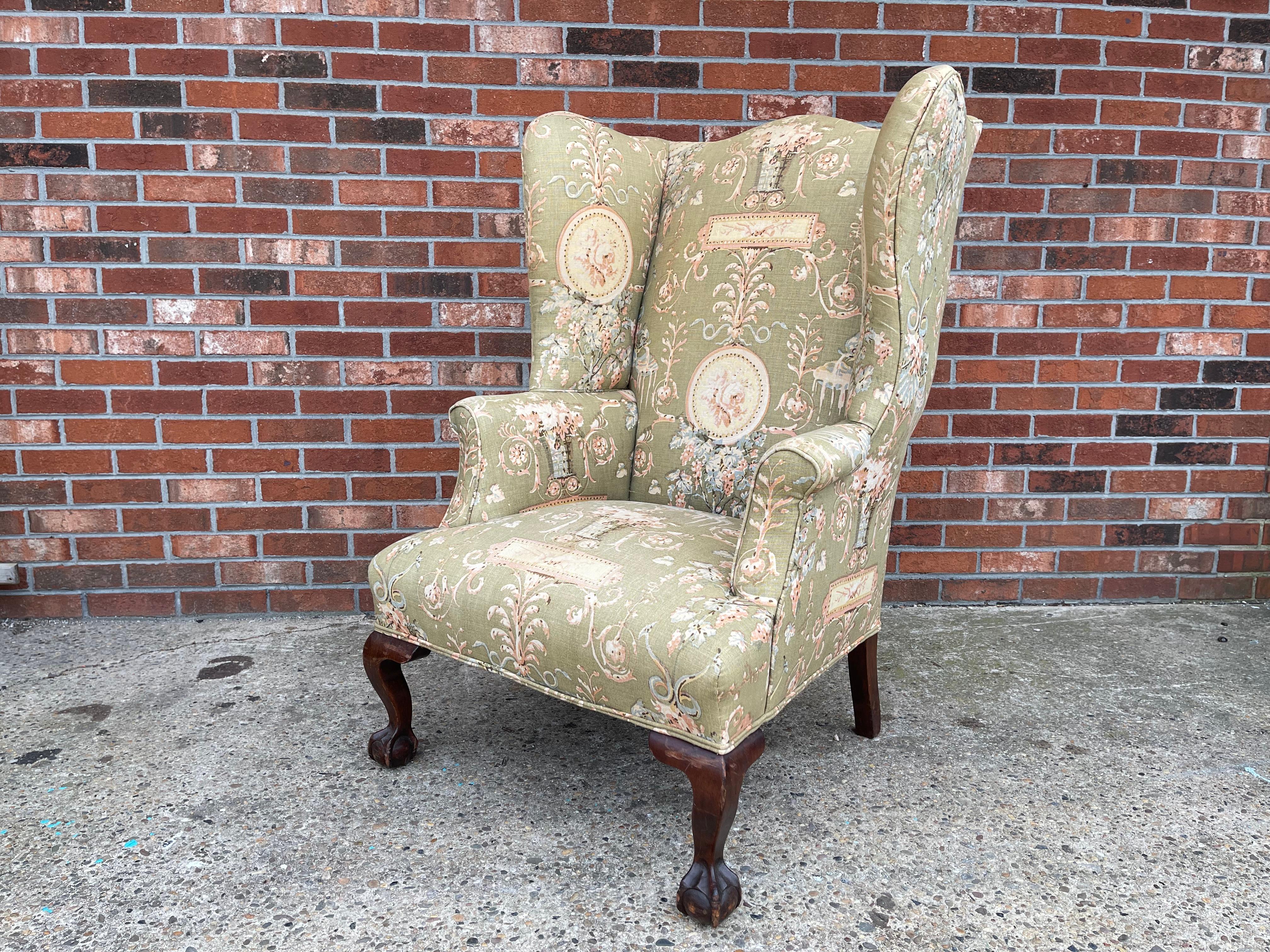 Upholstery Antique English Queen Anne Style Upholstered Wingback Chair