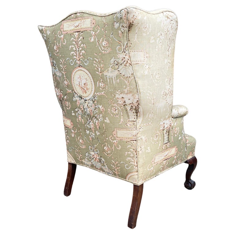 Antique English Queen Anne Style Upholstered Wingback Chair For Sale at