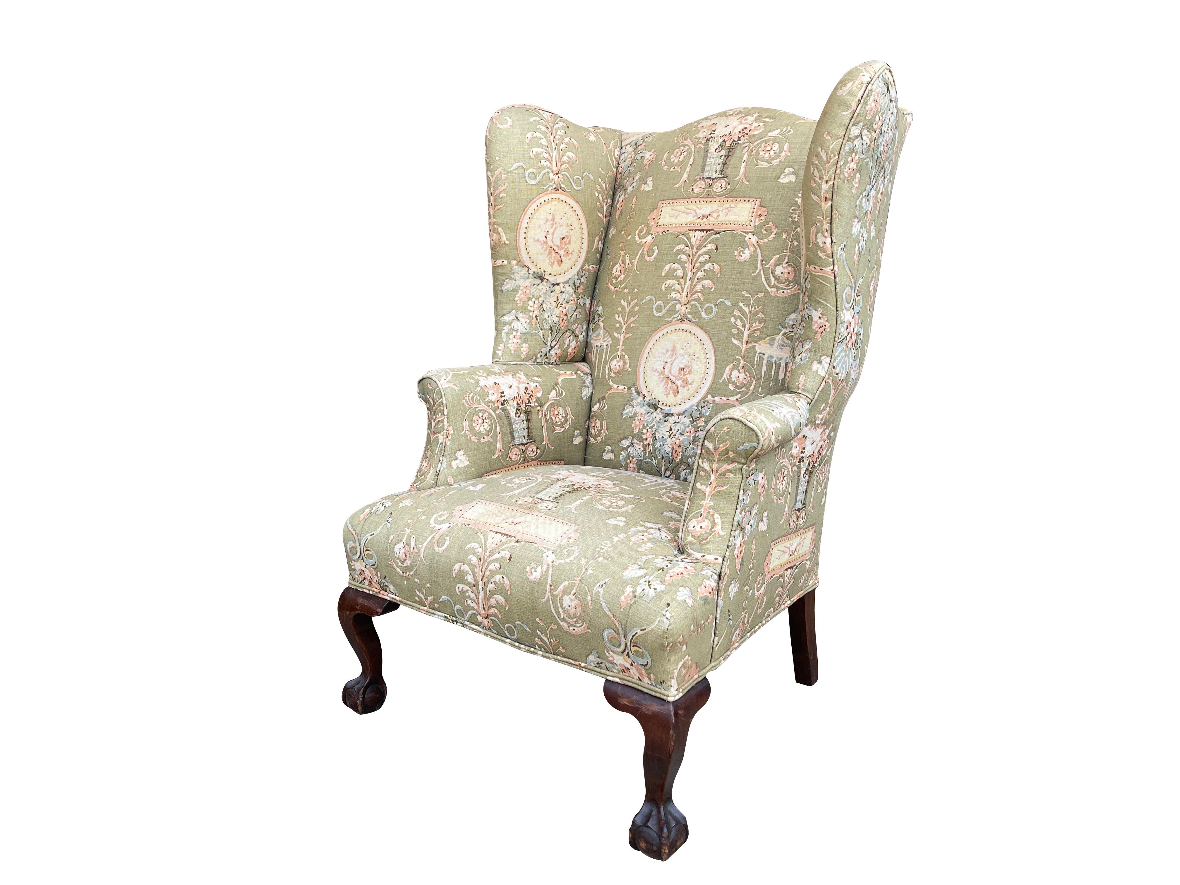 Late 19th Century Antique English Queen Anne Style Upholstered Wingback Chair