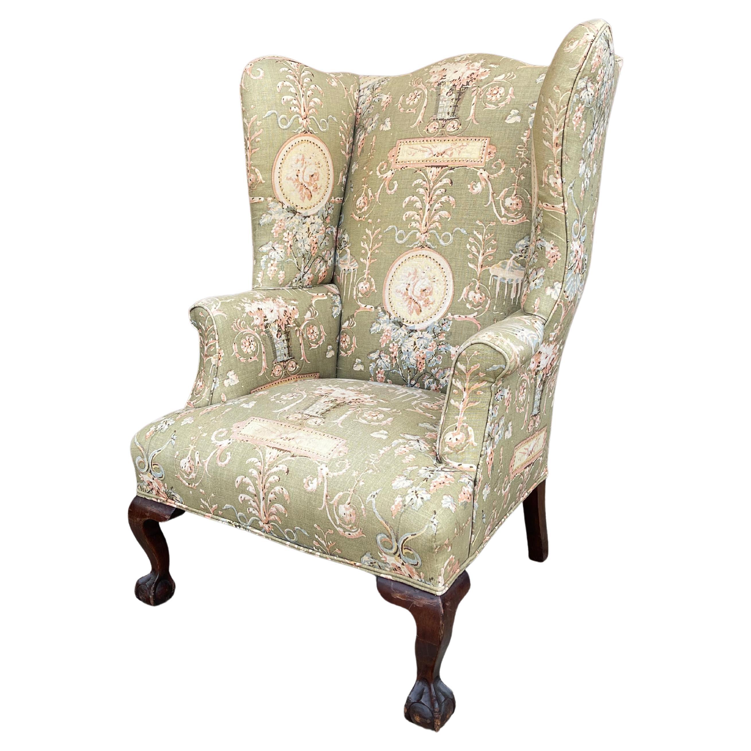 Antique English Queen Anne Style Upholstered Wingback Chair