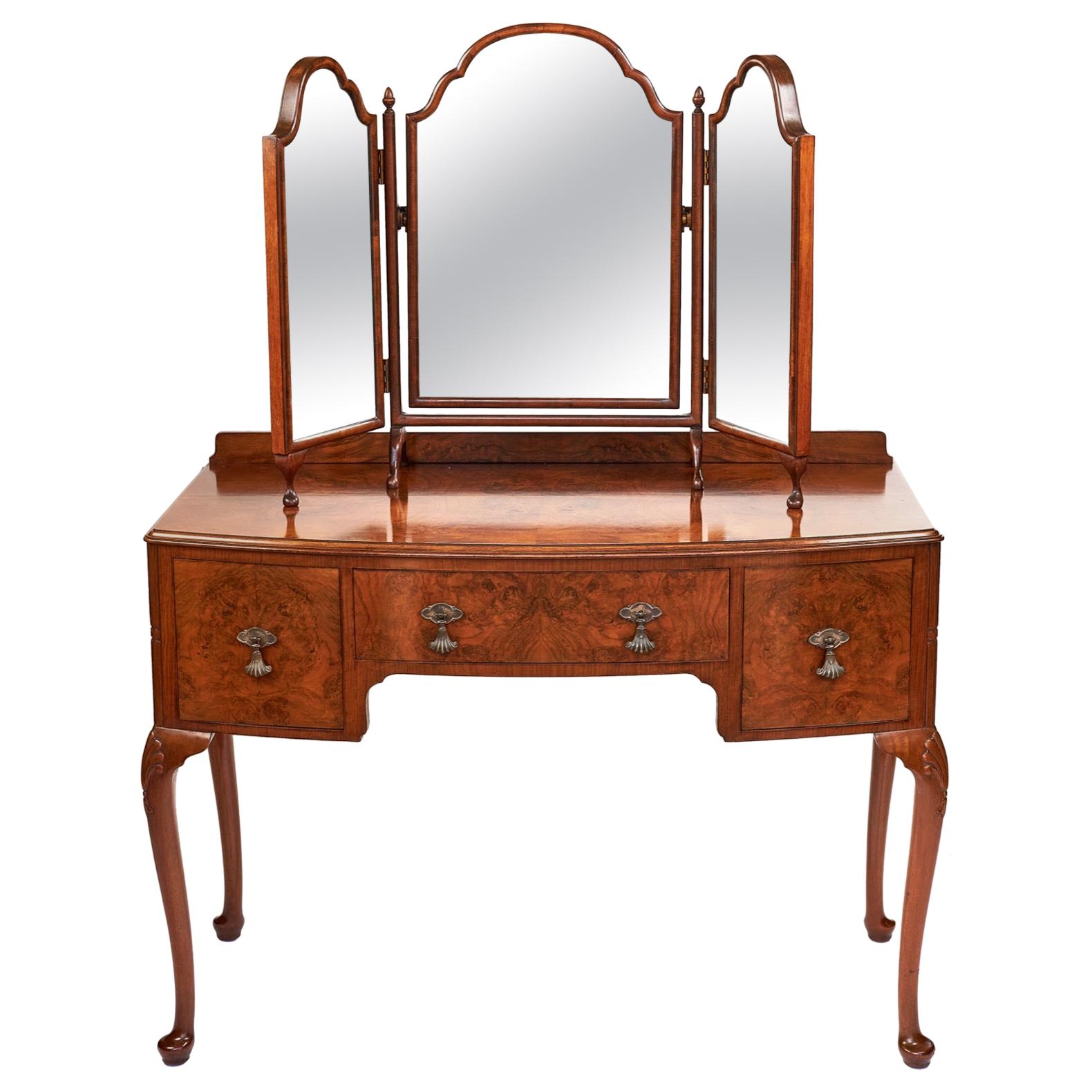 Antique English Queen Anne Style Walnut Bow Front Kneehole Dressing Table