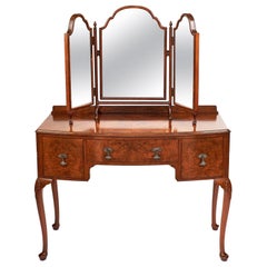 Antique English Queen Anne Style Walnut Bow Front Kneehole Dressing Table