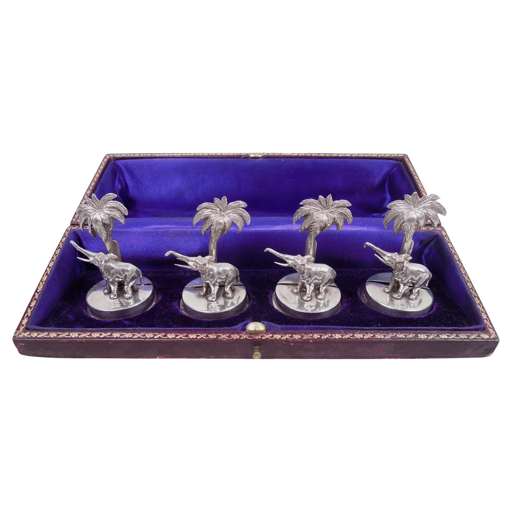 Antique English Raj-Era Elephant 
Palm Tree Place Card Holders, 1913 For Sale