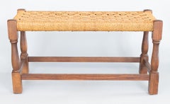 Antike englische rechteckige Fußhockerbank aus Eiche und gewebtem Kordelzug aus Seil