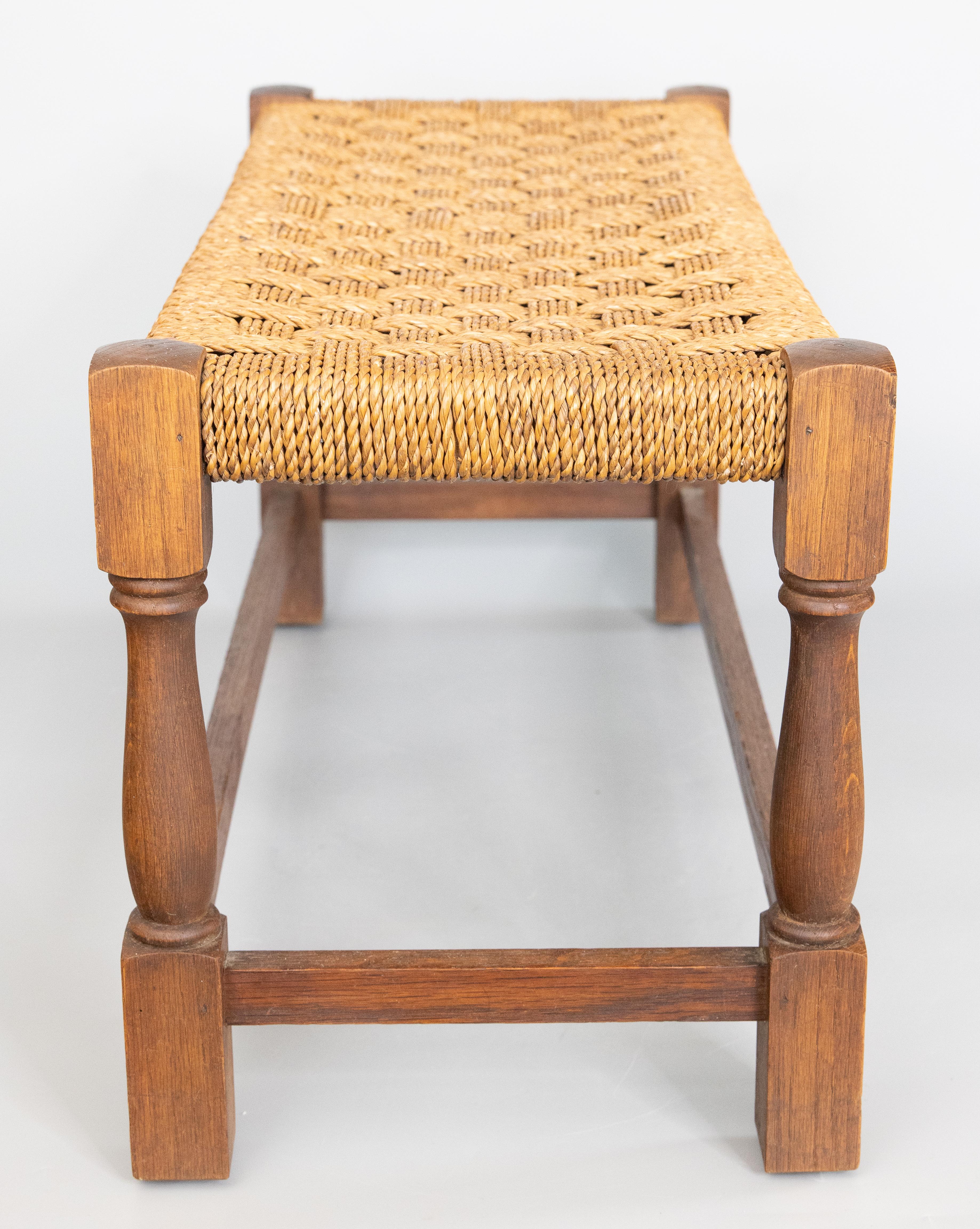 Hand-Woven Antique English Rectangular Oak and Woven Cord Rope Stool Footstool Bench