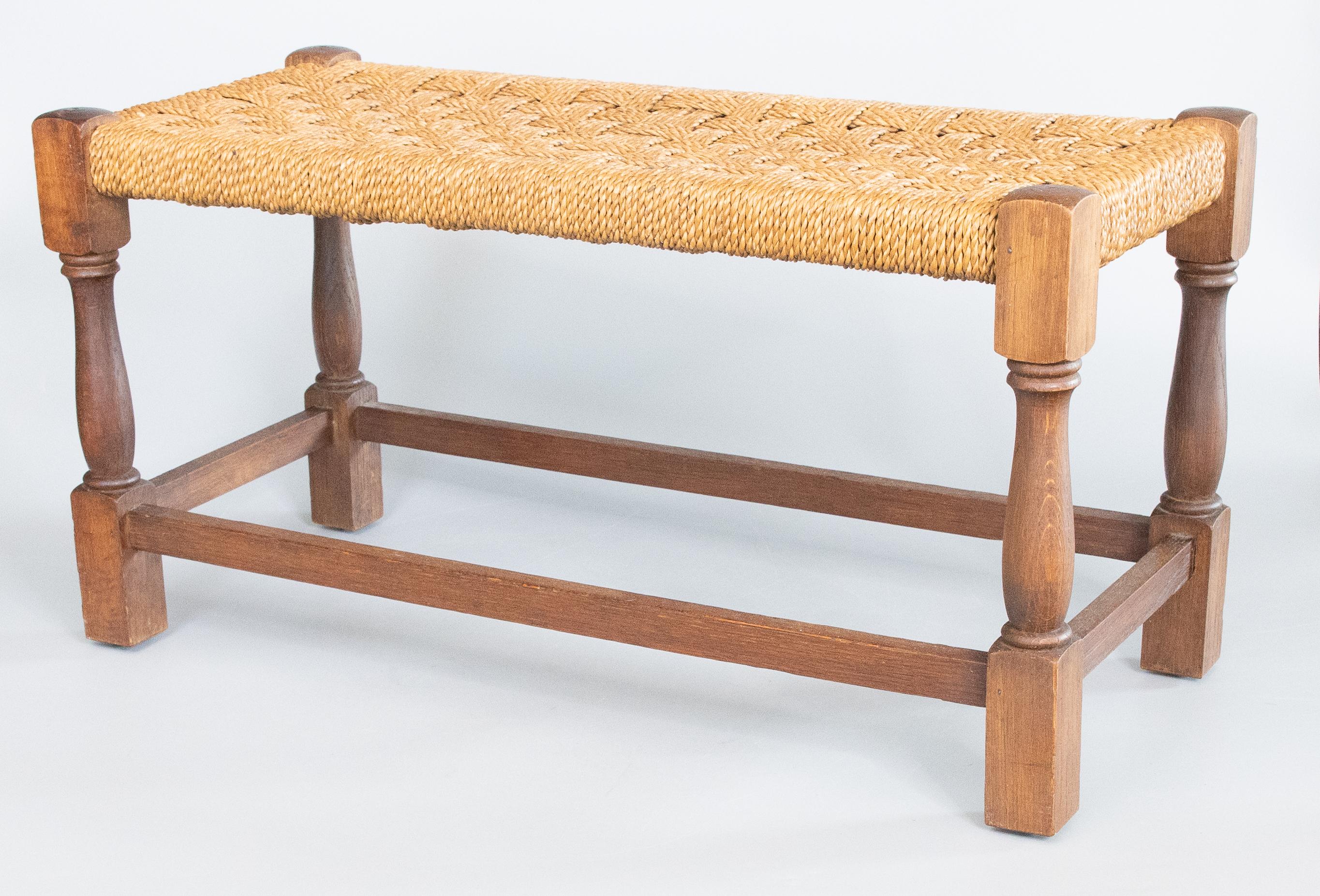 Antique English Rectangular Oak and Woven Cord Rope Stool Footstool Bench In Good Condition In Pearland, TX