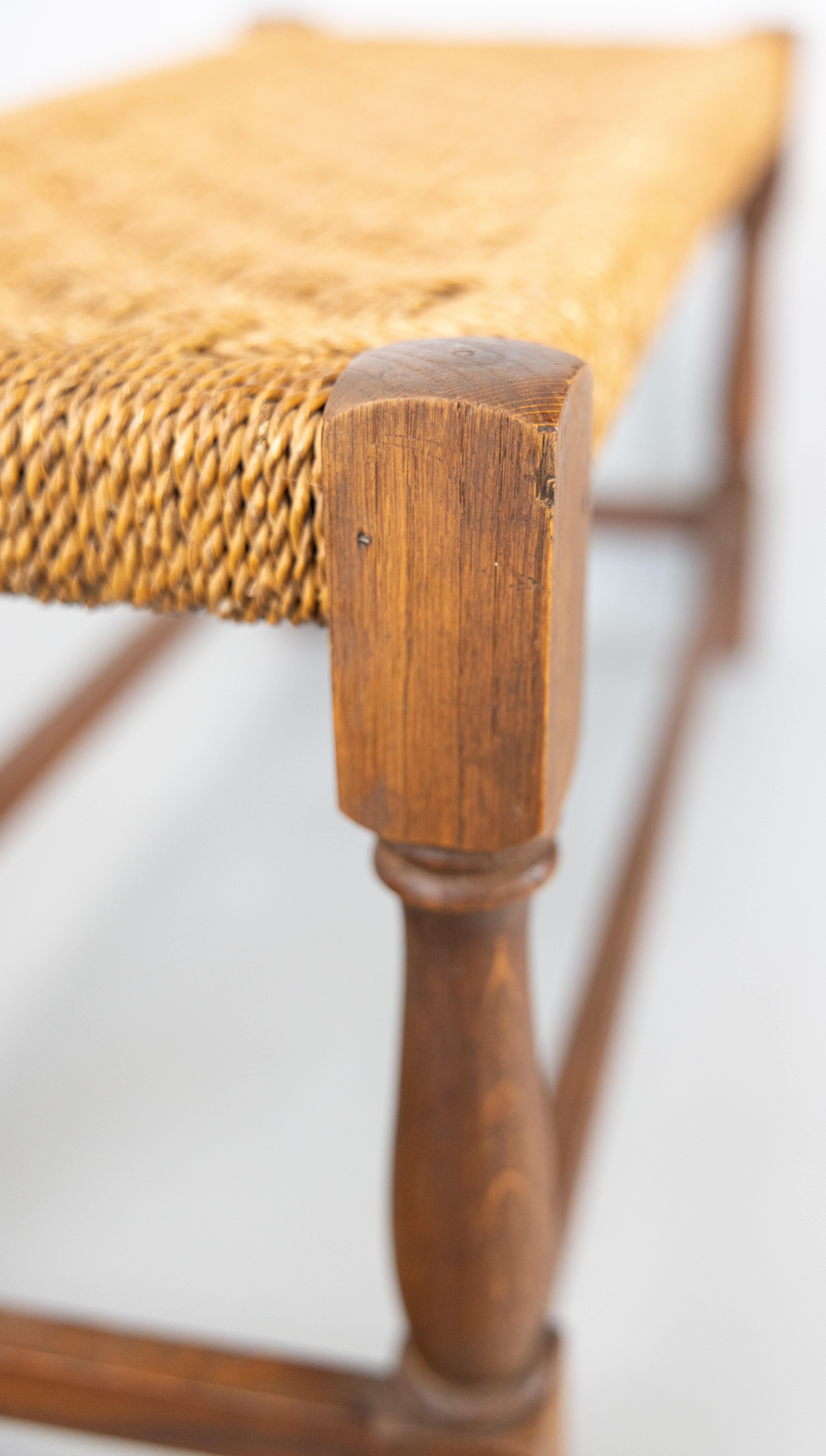 Antique English Rectangular Oak and Woven Cord Rope Stool Footstool Bench 1