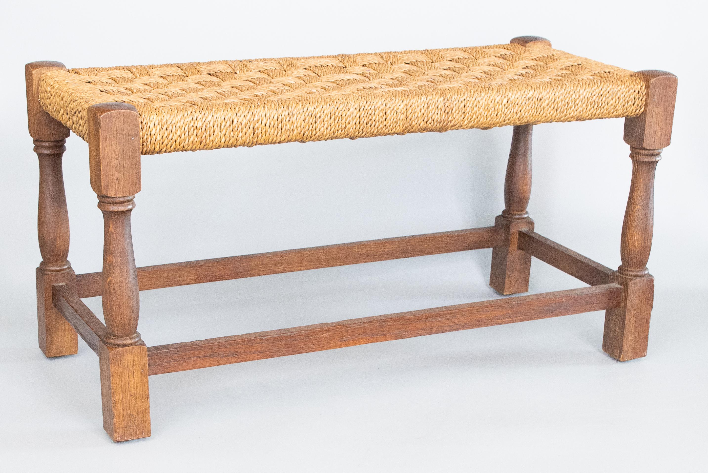 Antique English Rectangular Oak and Woven Cord Rope Stool Footstool Bench 2