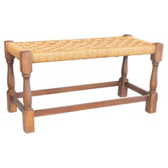 Antique English Rectangular Oak and Woven Cord Rope Stool Footstool Bench