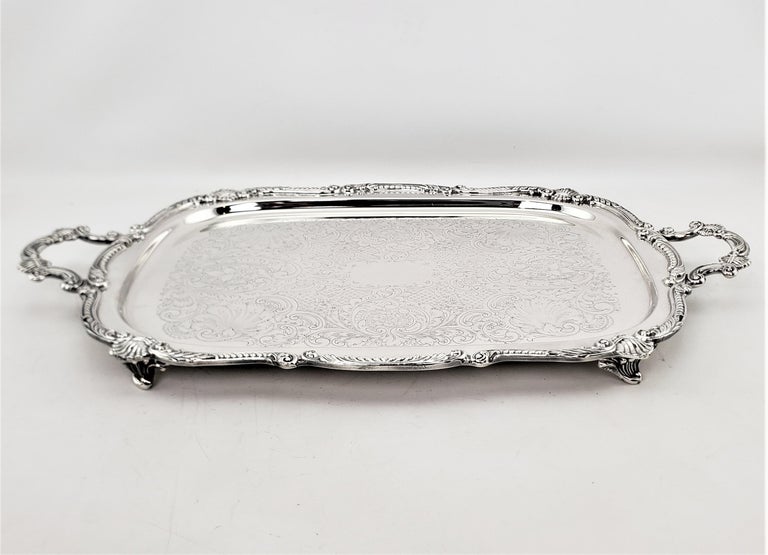 Machine-Made Antique English Rectangular Silver Plated Serving Tray with Stylized Shell Decor For Sale