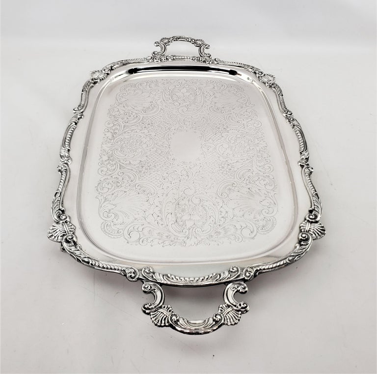 Antique English Rectangular Silver Plated Serving Tray with Stylized Shell Decor In Good Condition For Sale In Hamilton, Ontario