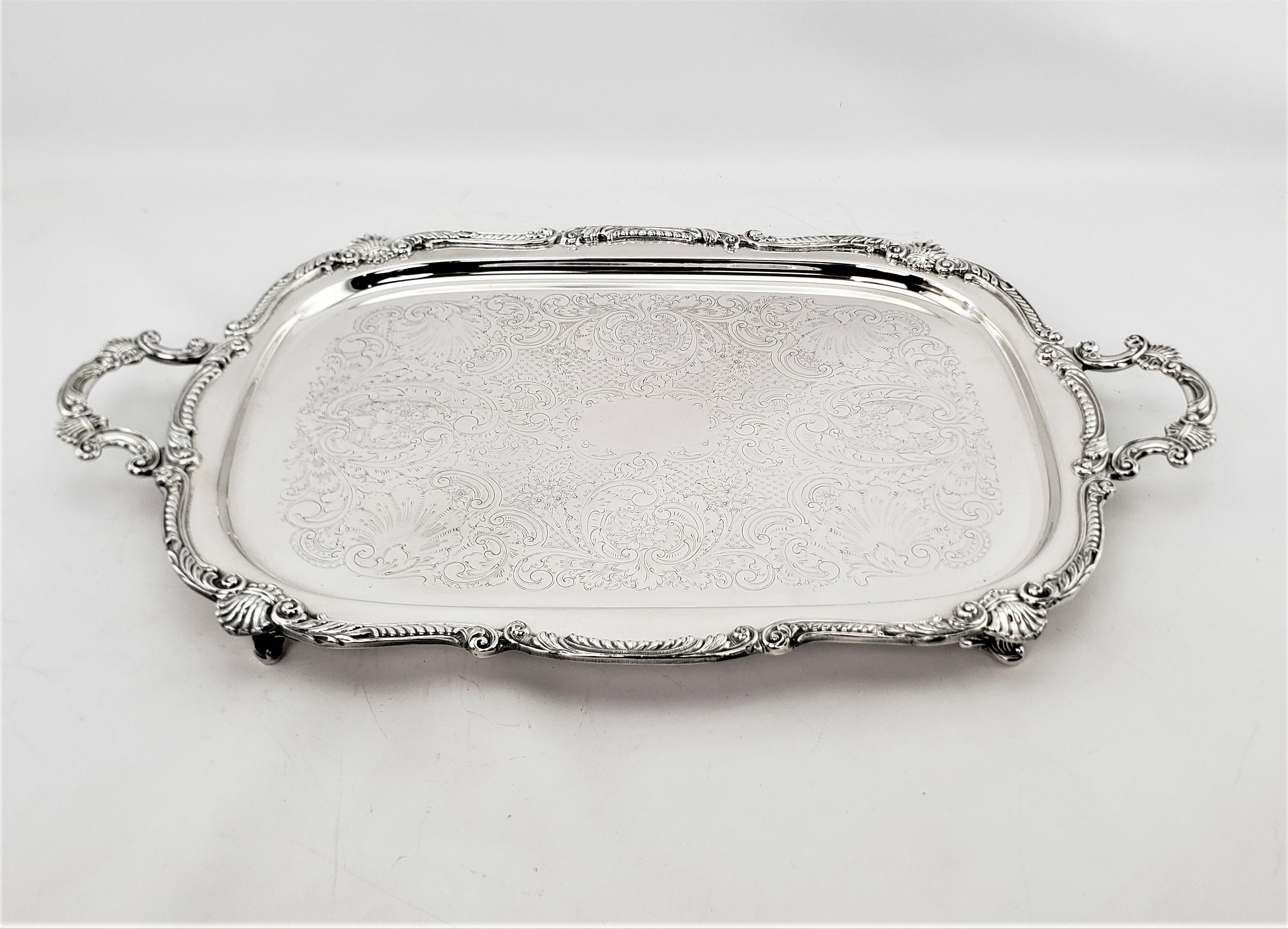 Victorian Antique English Rectangular Silver Plated Serving Tray with Stylized Shell Decor For Sale