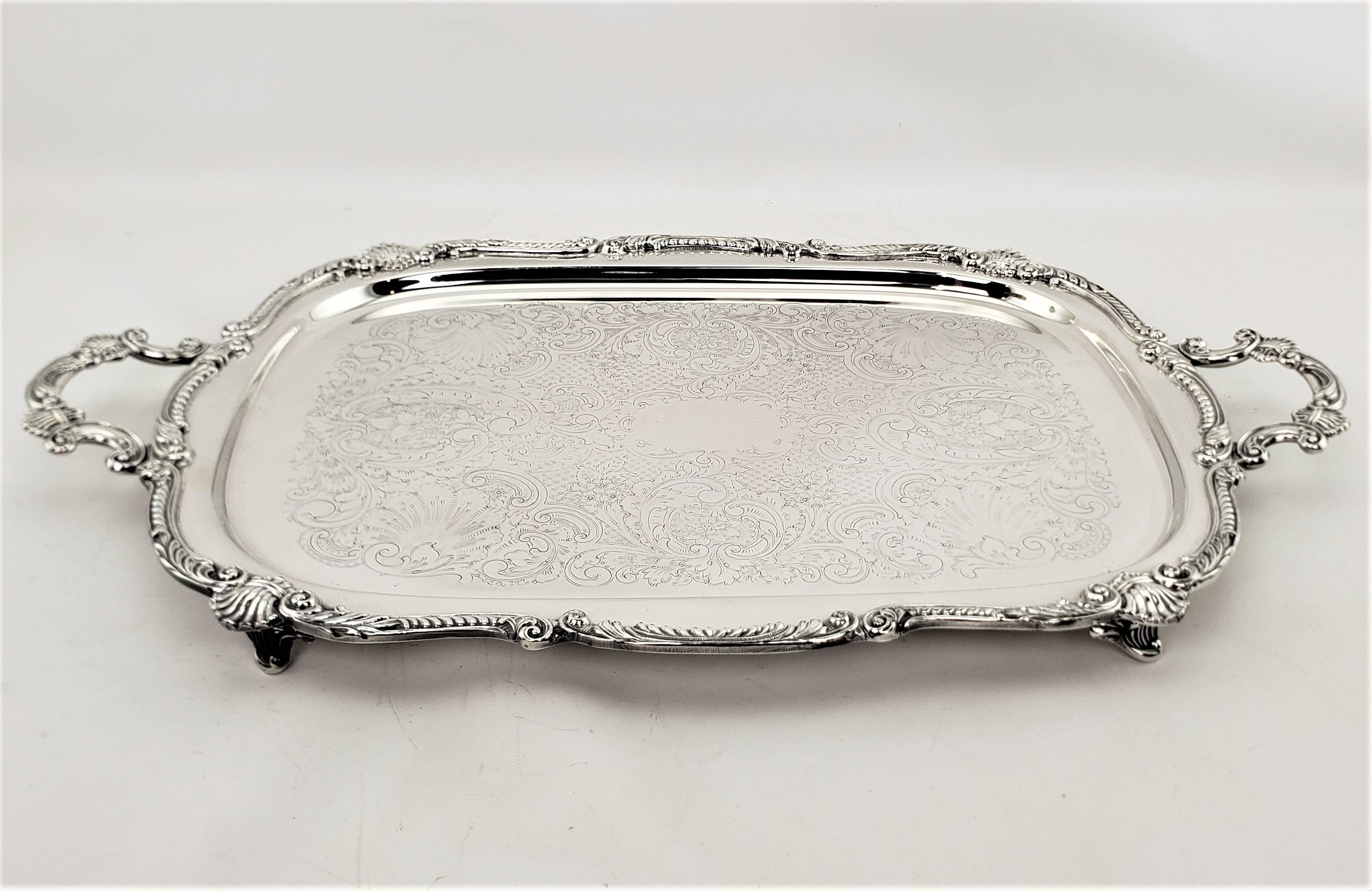 Machine-Made Antique English Rectangular Silver Plated Serving Tray with Stylized Shell Decor For Sale