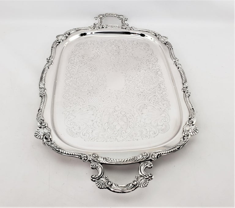 Antique English Rectangular Silver Plated Serving Tray with Stylized Shell Decor For Sale 2