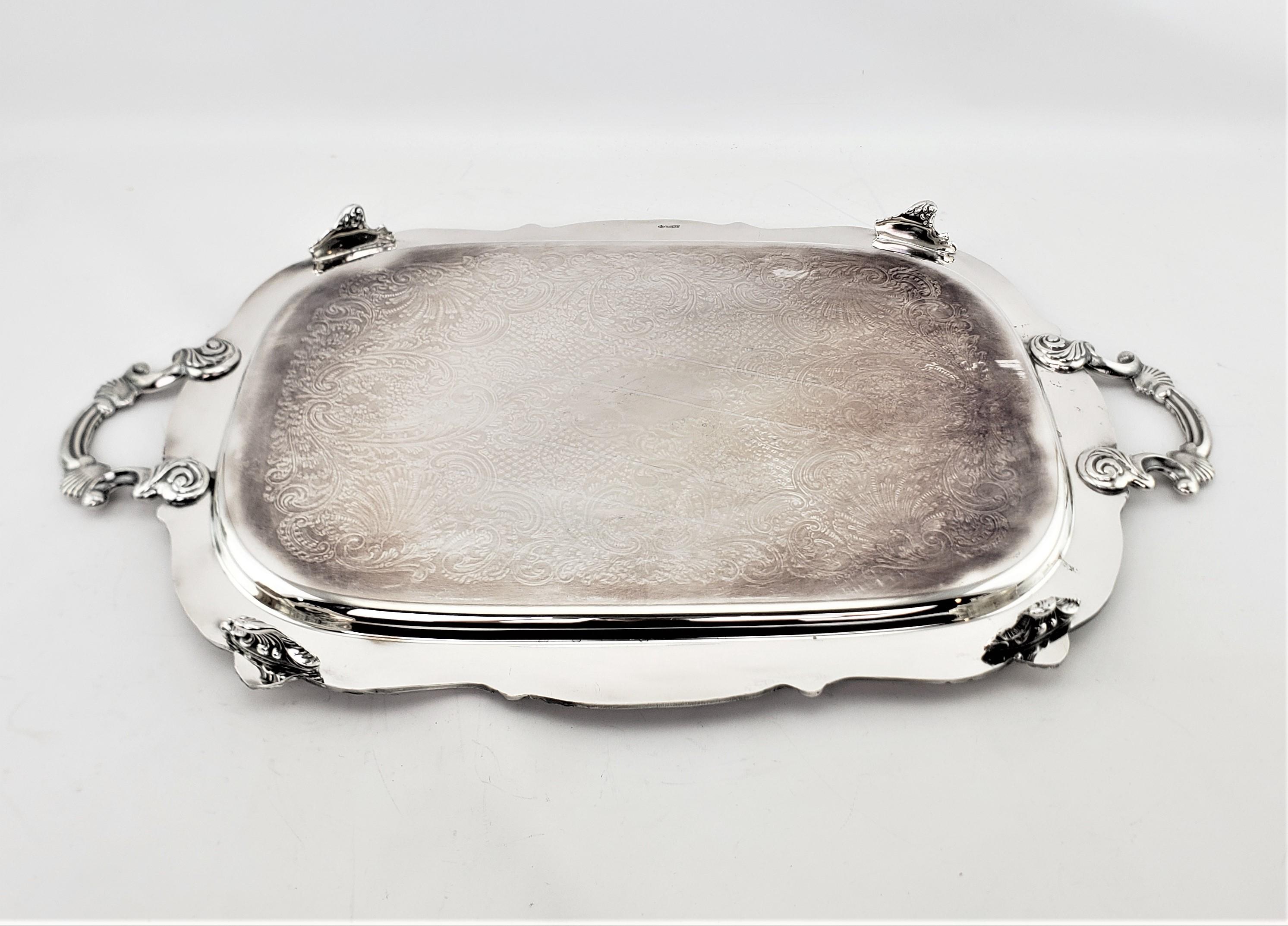 20th Century Antique English Rectangular Silver Plated Serving Tray with Stylized Shell Decor For Sale