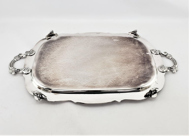 Antique English Rectangular Silver Plated Serving Tray with Stylized Shell Decor For Sale 3