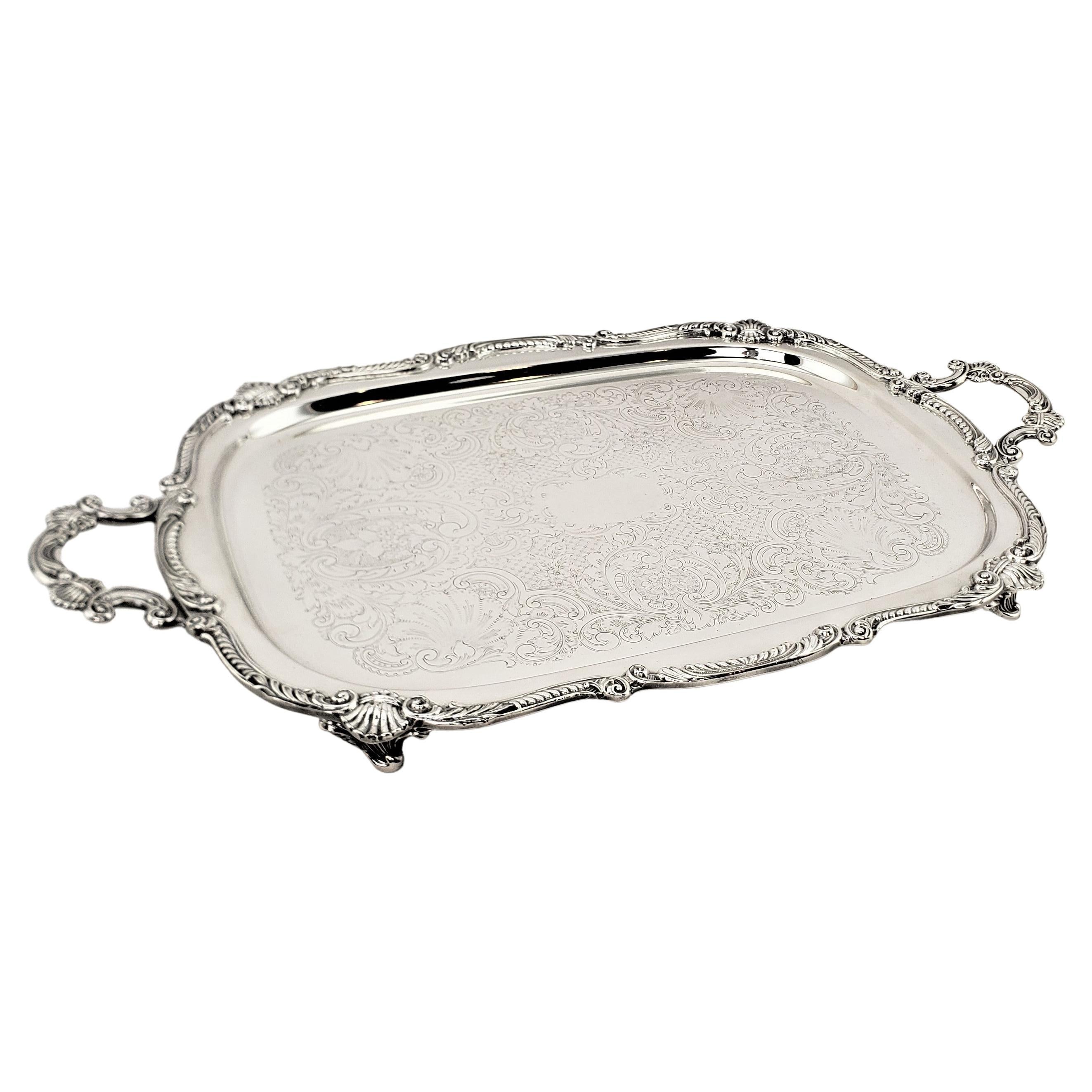 Antique English Rectangular Silver Plated Serving Tray with Stylized Shell Decor