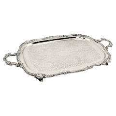 Antique English Rectangular Silver Plated Serving Tray with Stylized Shell Decor