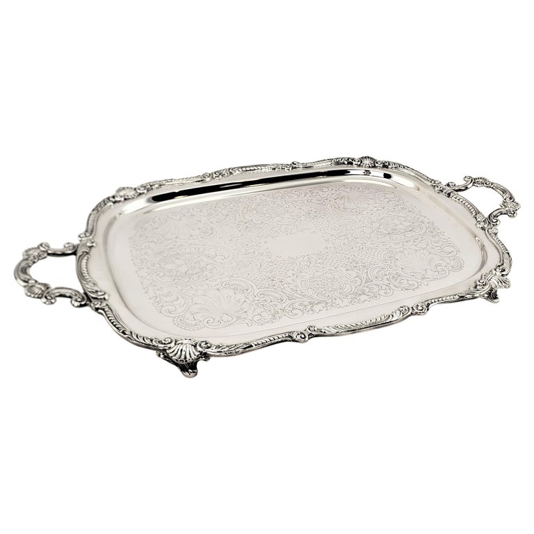 Antique English Rectangular Silver Plated Serving Tray with Stylized Shell Decor For Sale