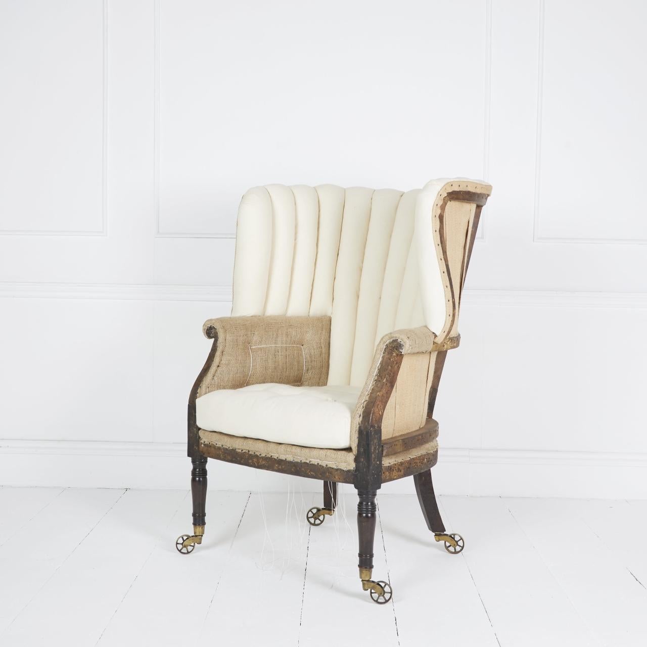 Large Regency chair with hair squab cushion covered in Egyptian calico and natural hessian standing on turned legs and spoked brass castors,

England Circa 1800

Dimensions: H 44″  W 27″ D 30″

Ref MS154