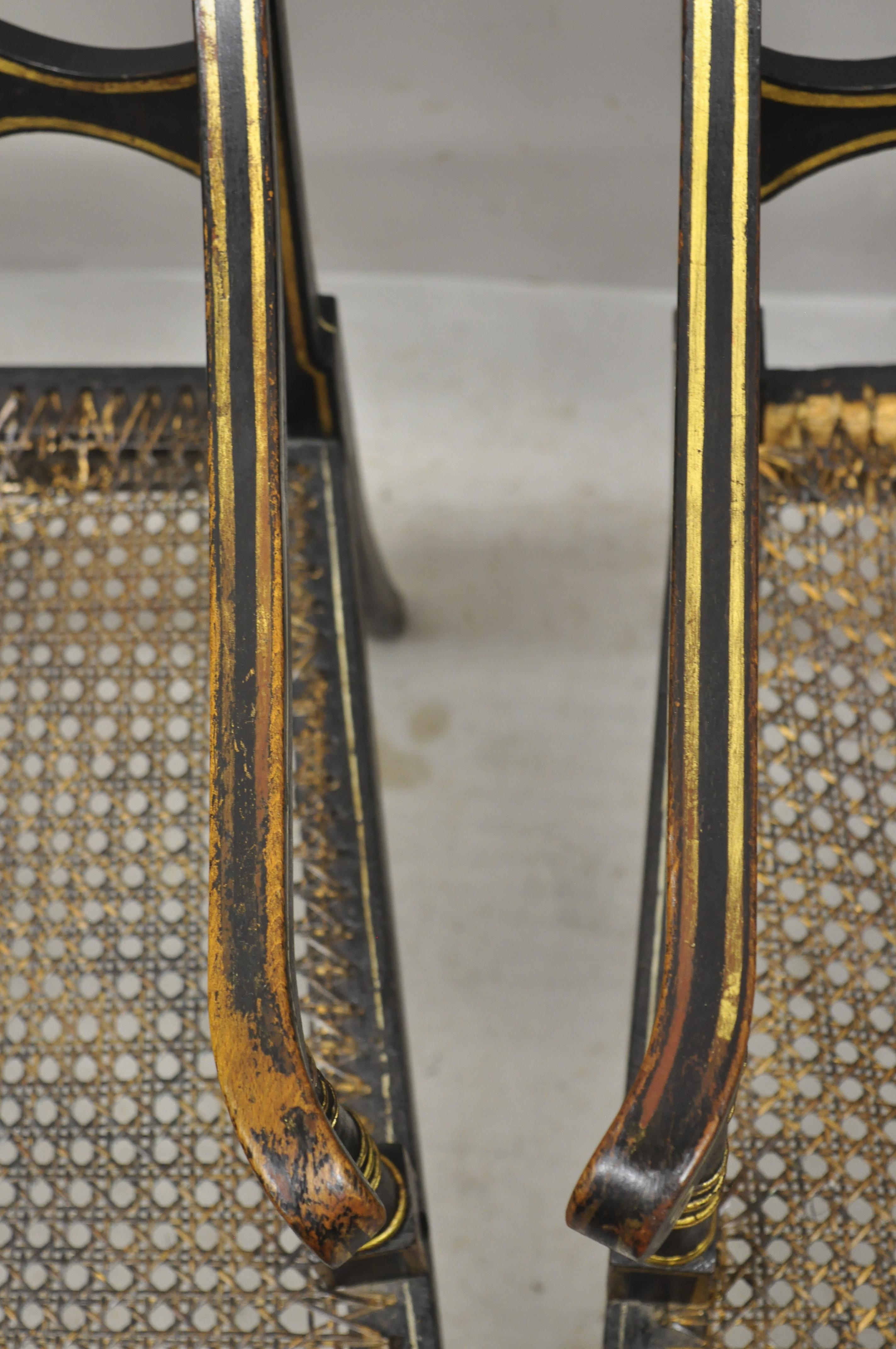 Antique English Regency Black and Gold Ebonized Cane Armchairs, a Pair 5