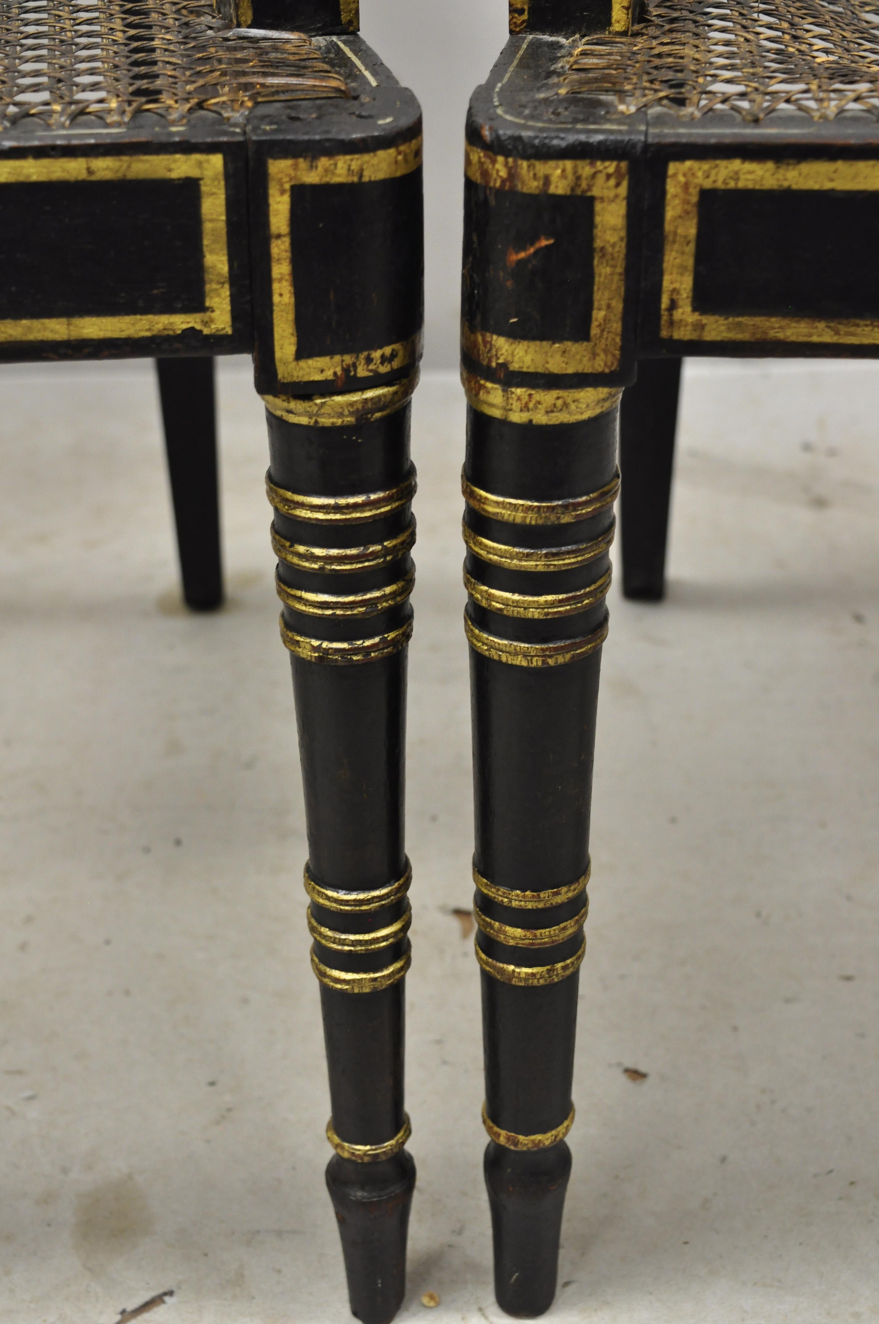 Antique English Regency Black and Gold Ebonized Cane Armchairs, a Pair 6