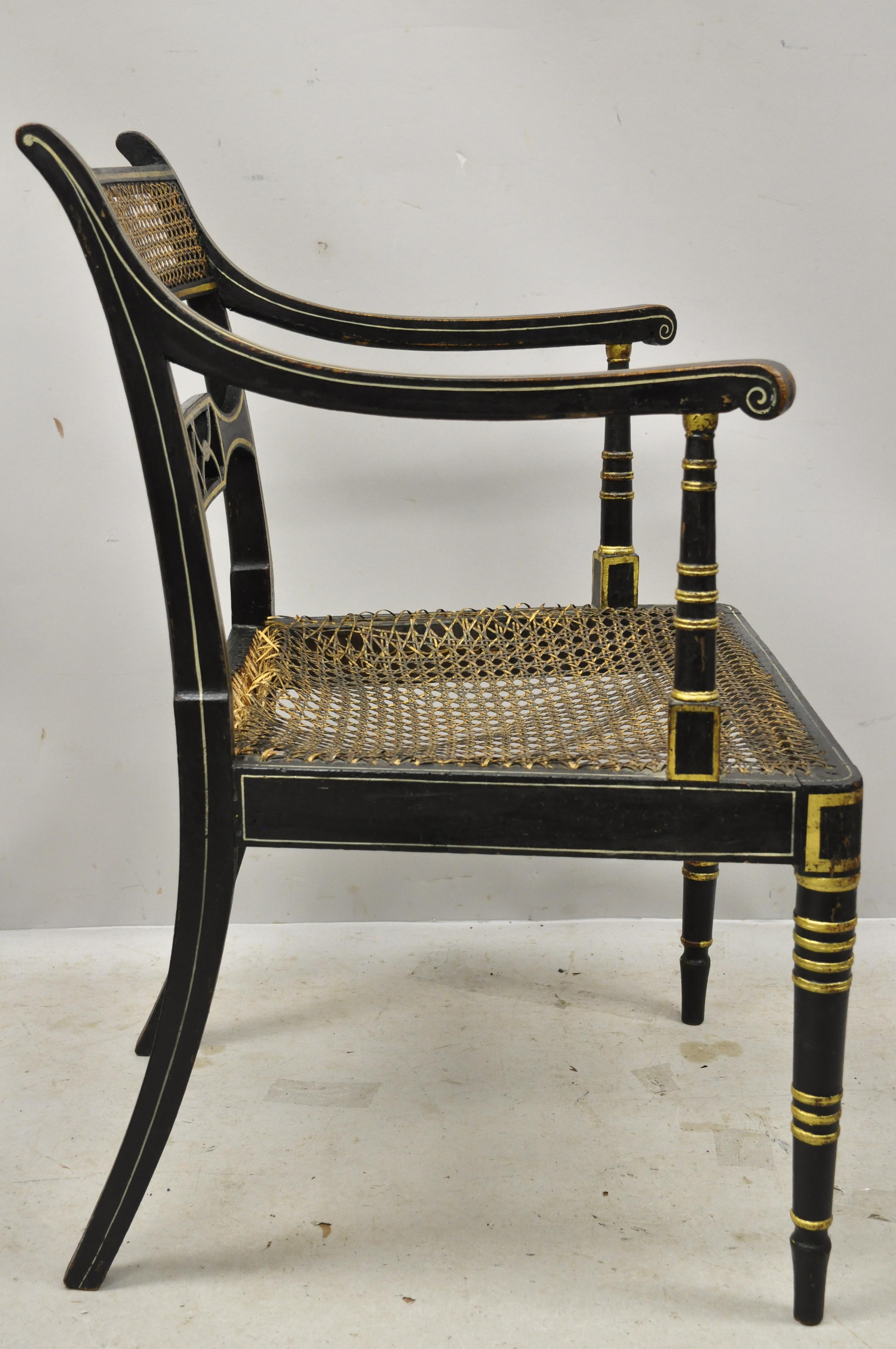 Antique English Regency Black and Gold Ebonized Cane Armchairs, a Pair 7