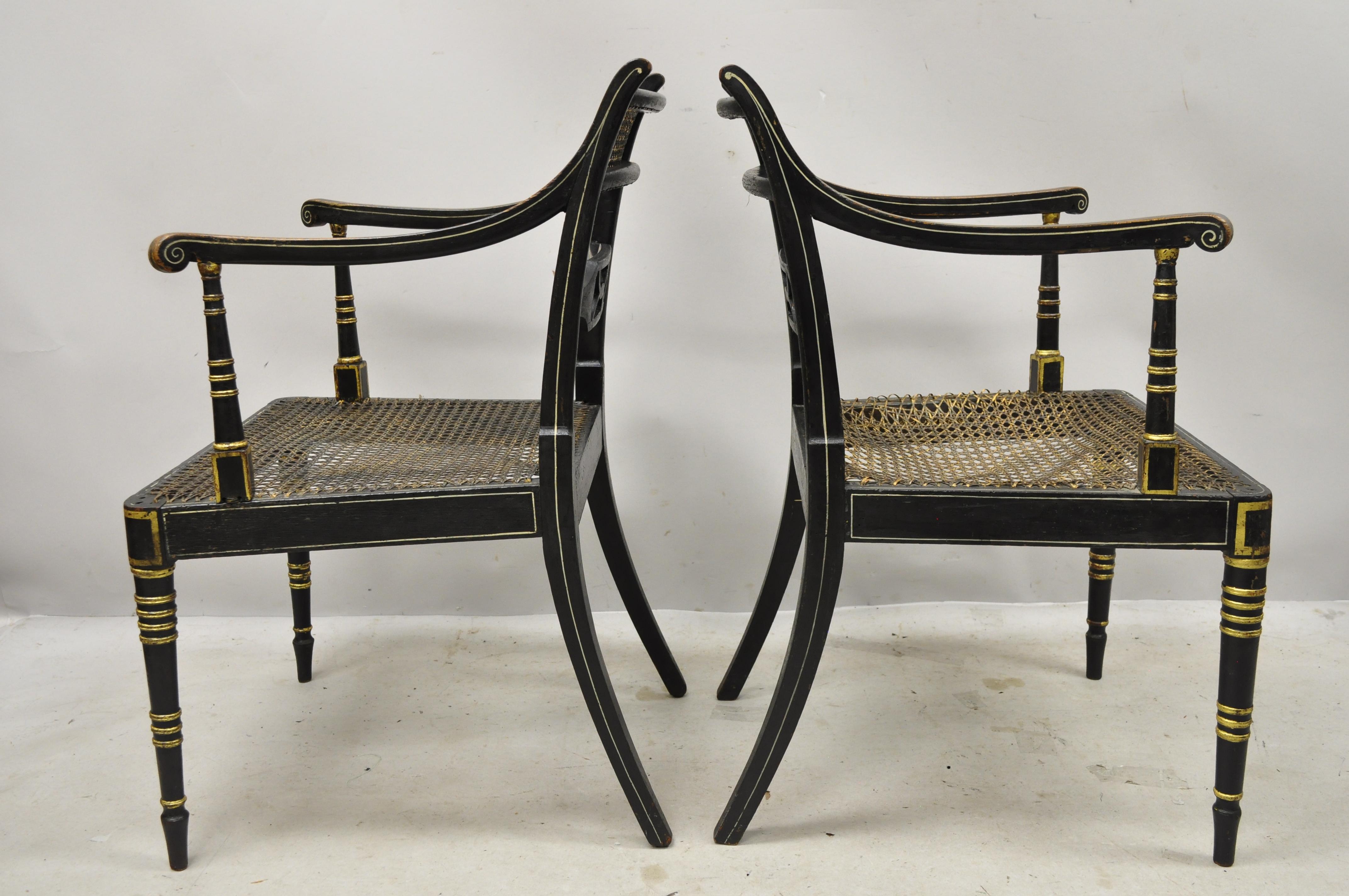 Antique English Regency Black and Gold Ebonized Cane Armchairs, a Pair 2