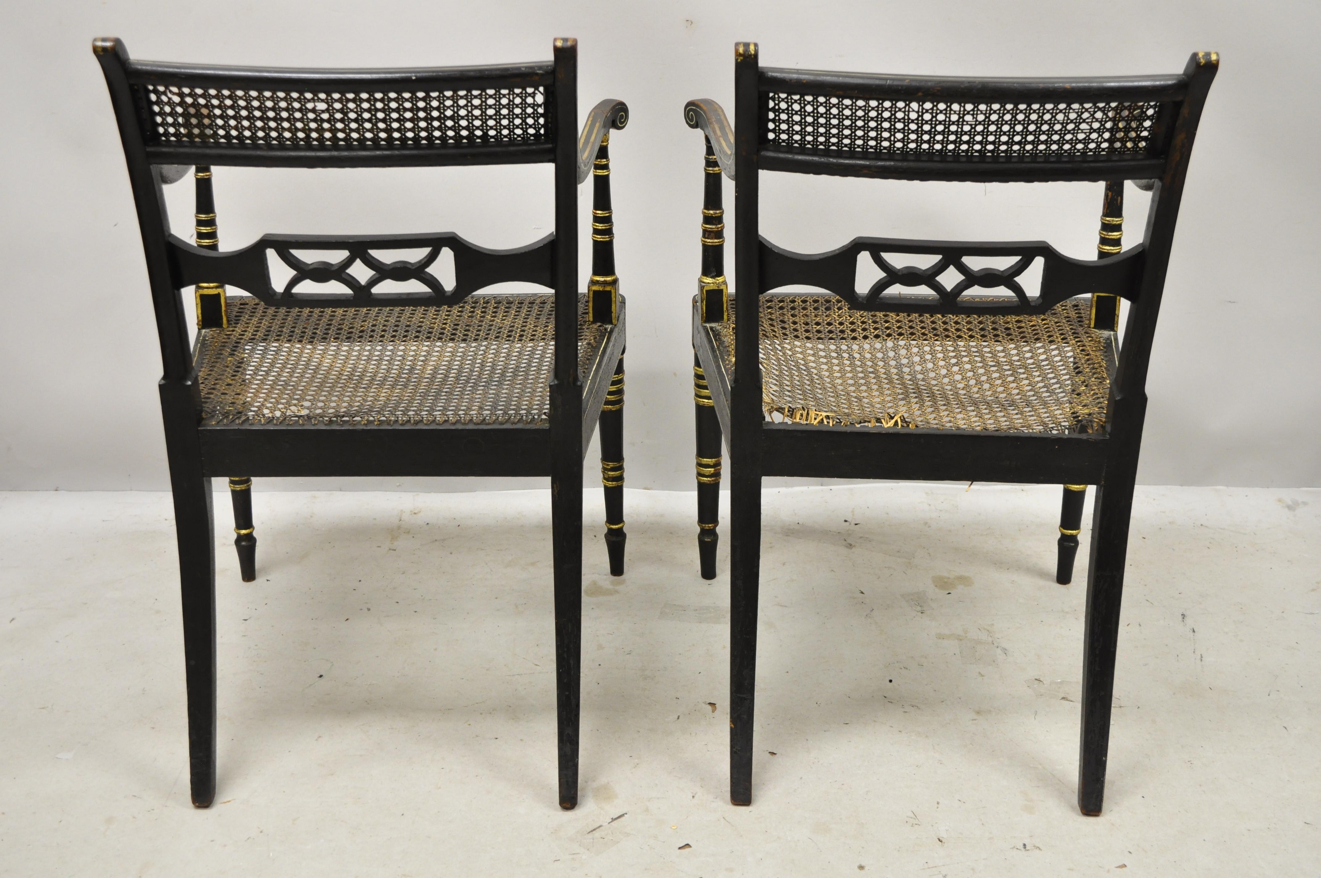 Antique English Regency Black and Gold Ebonized Cane Armchairs, a Pair 4