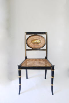 Regency Black Lacquered and Caned Hand Painted English Chair, late 19th century