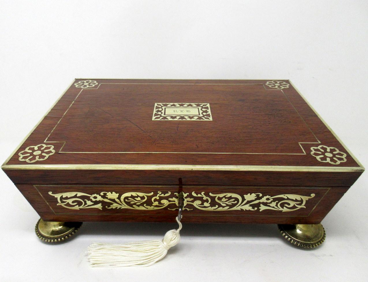 Antique English Regency Brass Inlaid Mahogany Jewellery Trinket Box Casket 19 Ct In Good Condition For Sale In Dublin, Ireland