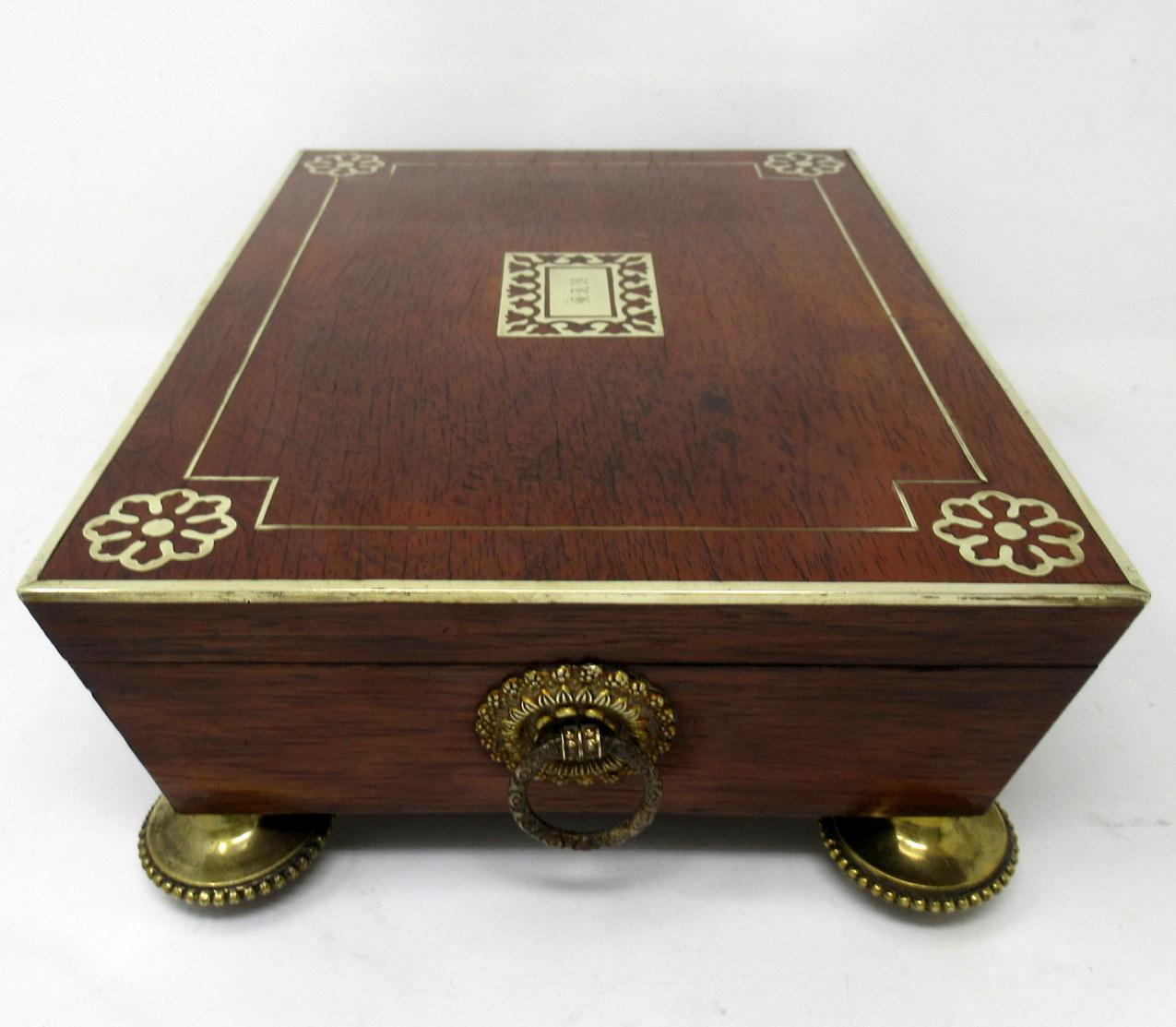 Antique English Regency Brass Inlaid Mahogany Jewellery Trinket Box Casket 19 Ct For Sale 3