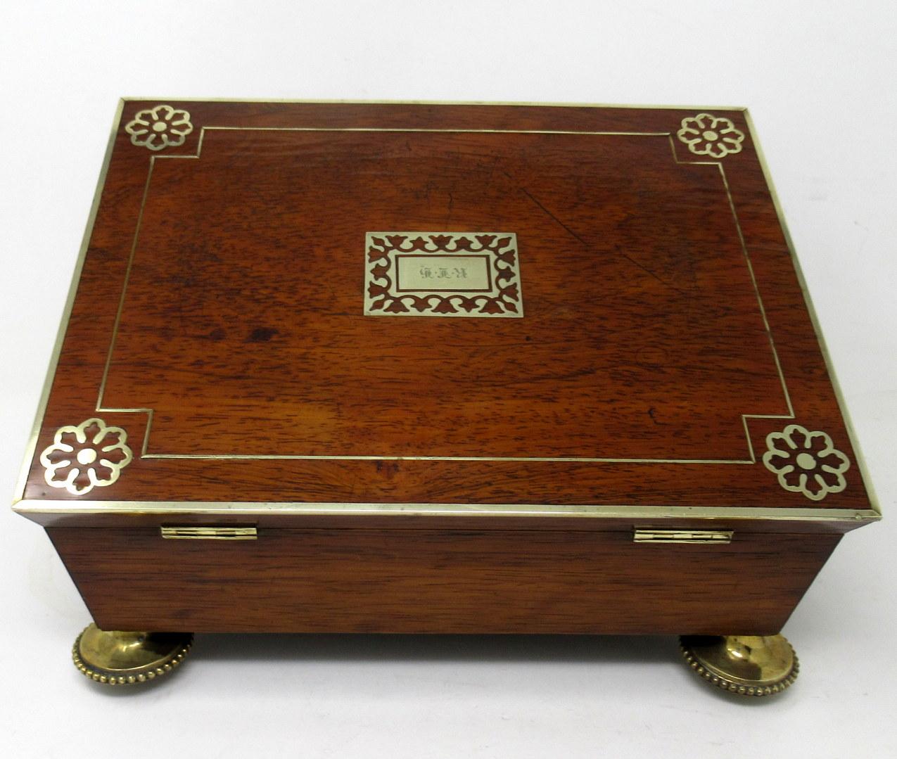 Antique English Regency Brass Inlaid Mahogany Jewellery Trinket Box Casket 19 Ct For Sale 4