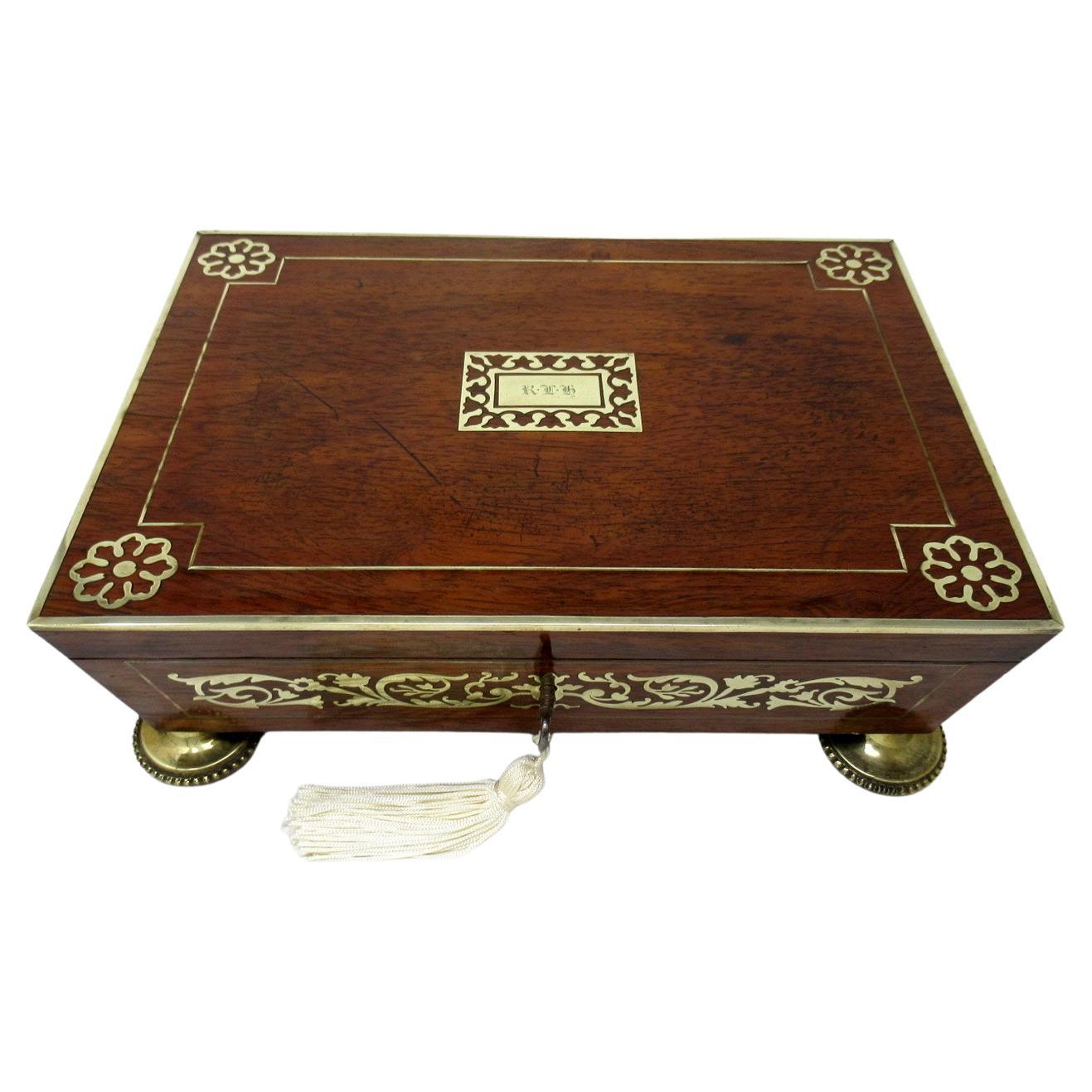 Antique English Regency Brass Inlaid Mahogany Jewellery Trinket Box Casket  19 Ct For Sale at 1stDibs