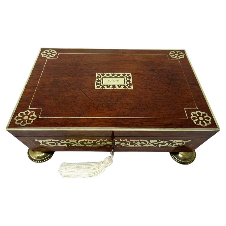 Antique English Regency Brass Inlaid Mahogany Jewellery Trinket Box Casket 19 Ct For Sale