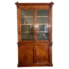 Antique English Regency Burl Wood Inlaid Bookcase Cabinet