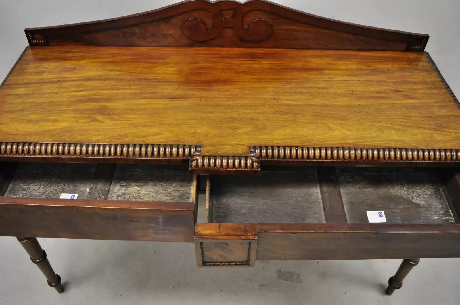 Unknown Antique English Regency Carved Crotch Mahogany Sideboard Buffet Console Table For Sale