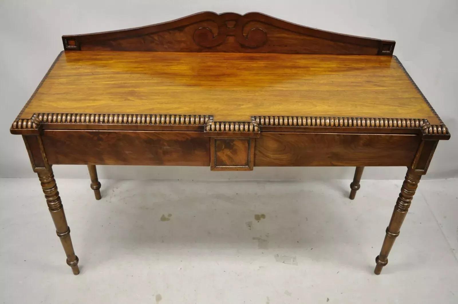 Antique English Regency Carved Crotch Mahogany Sideboard Buffet Console Table For Sale 1