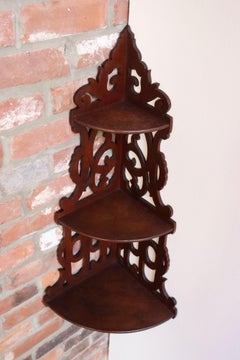 Antique English Regency Carved Mahogany Fretwork Hanging Corner Shelf / Bracket