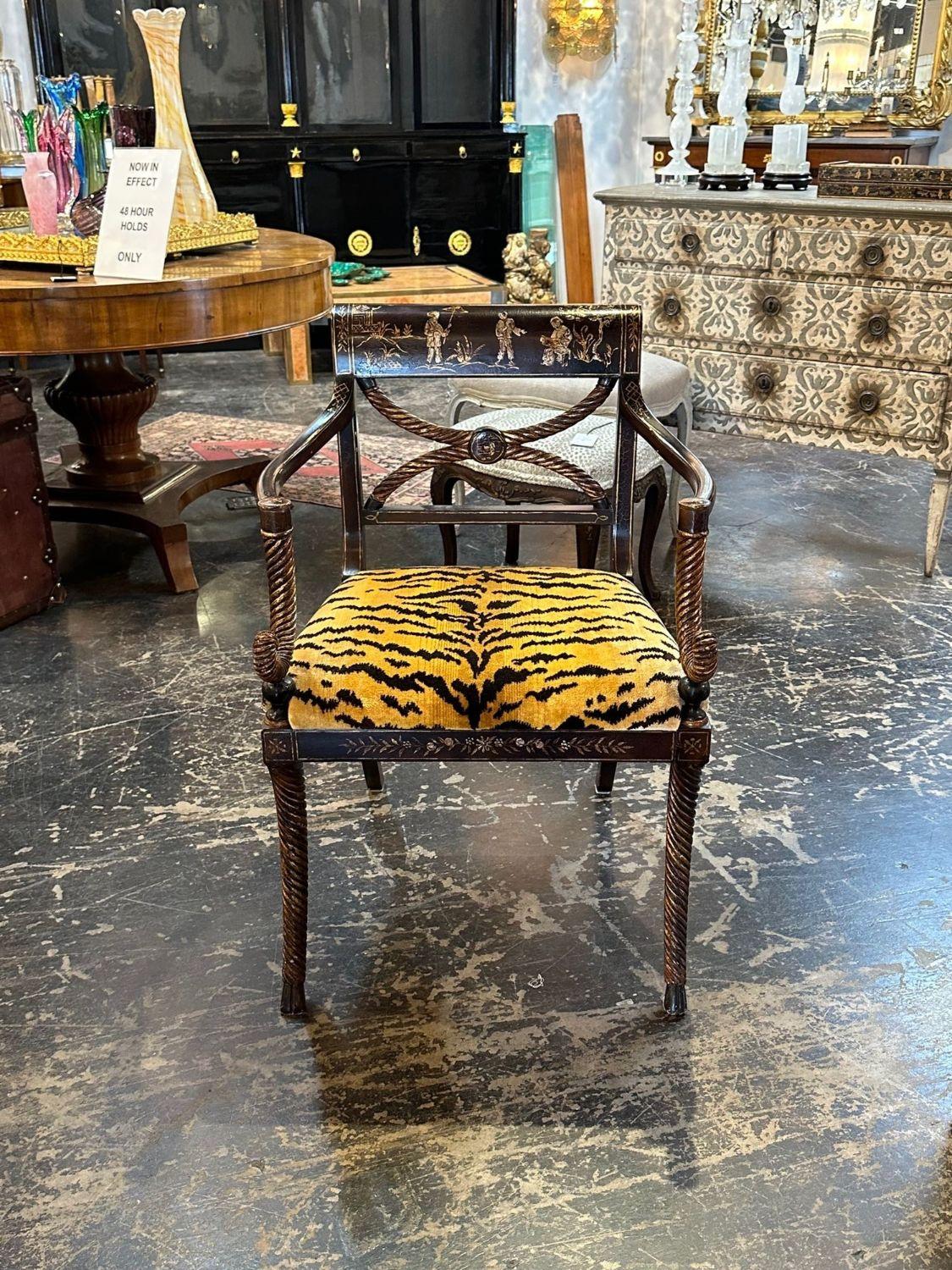 Gorgeous antique English Regency chinoiserie Armchair with Scalamandre tiger velvet. Beautiful carvings and pretty hand painted Asian design on the top. Not to mention the fabric! Lovely!