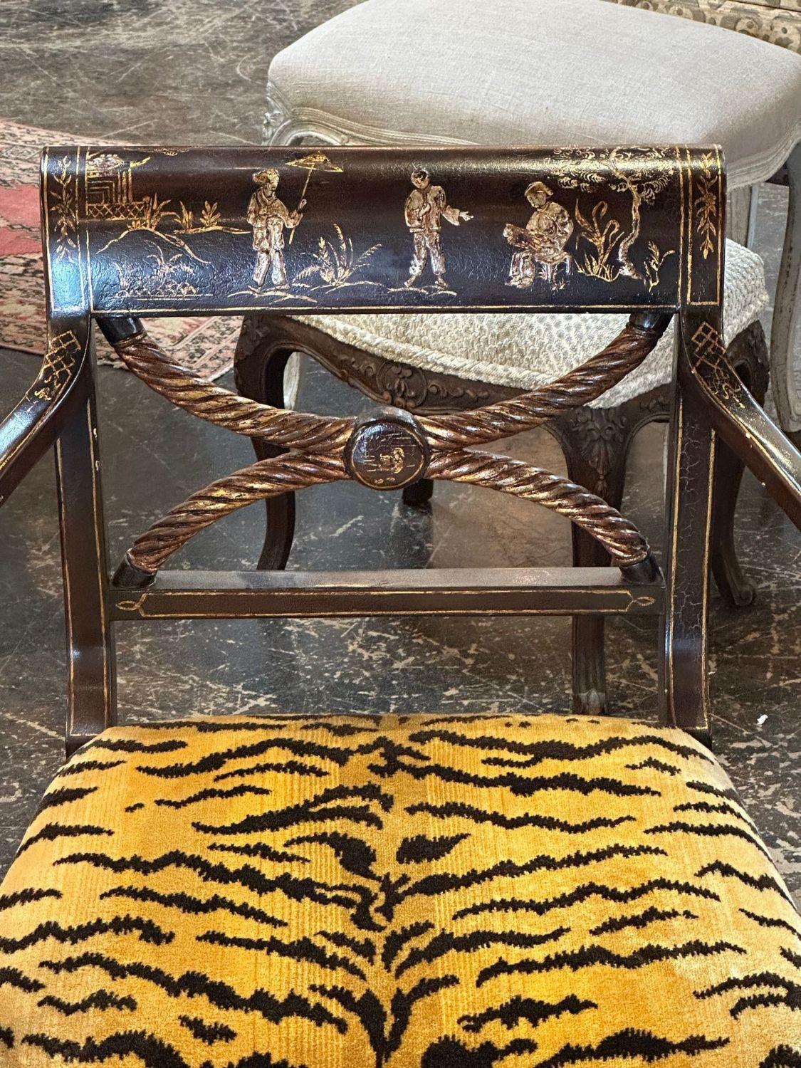 European Antique English Regency Chinoiserie Armchair with Scalamandre Tiger Velvet