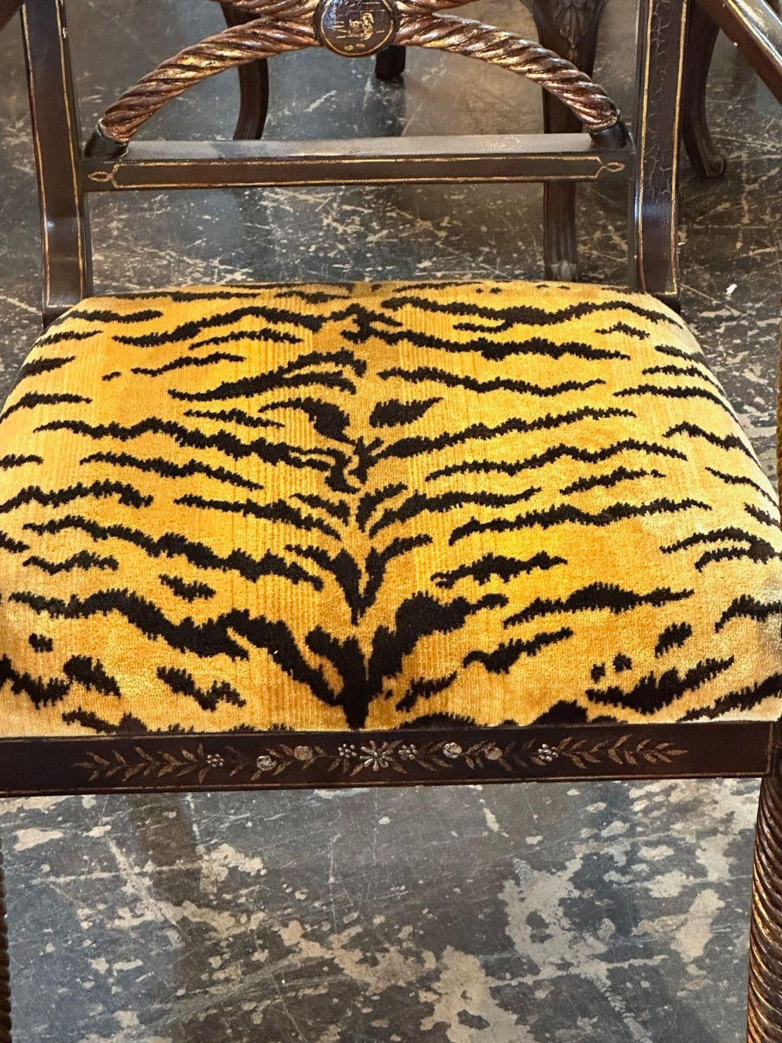 Hand-Painted Antique English Regency Chinoiserie Armchair with Scalamandre Tiger Velvet