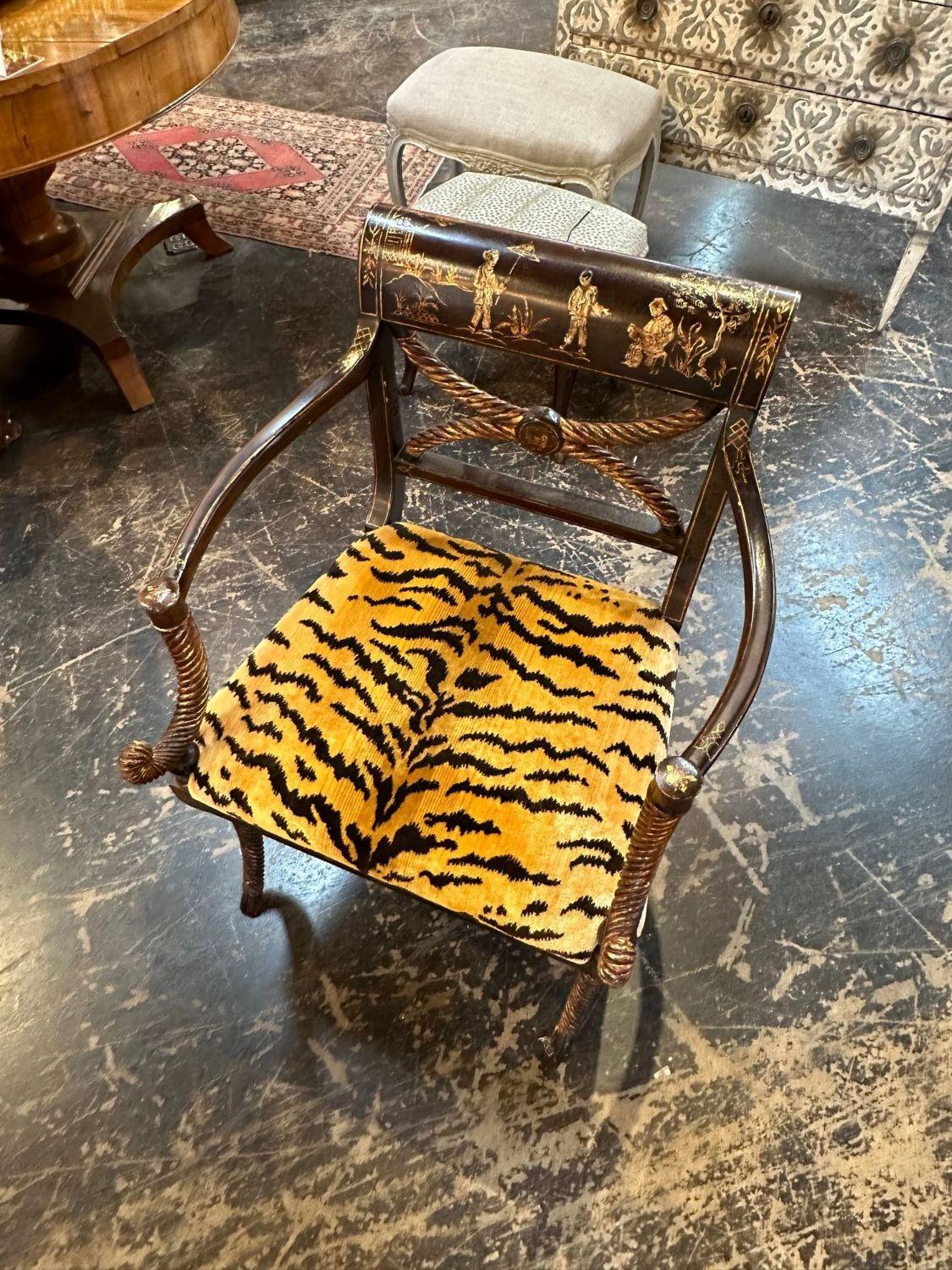 Antique English Regency Chinoiserie Armchair with Scalamandre Tiger Velvet In Good Condition In Dallas, TX