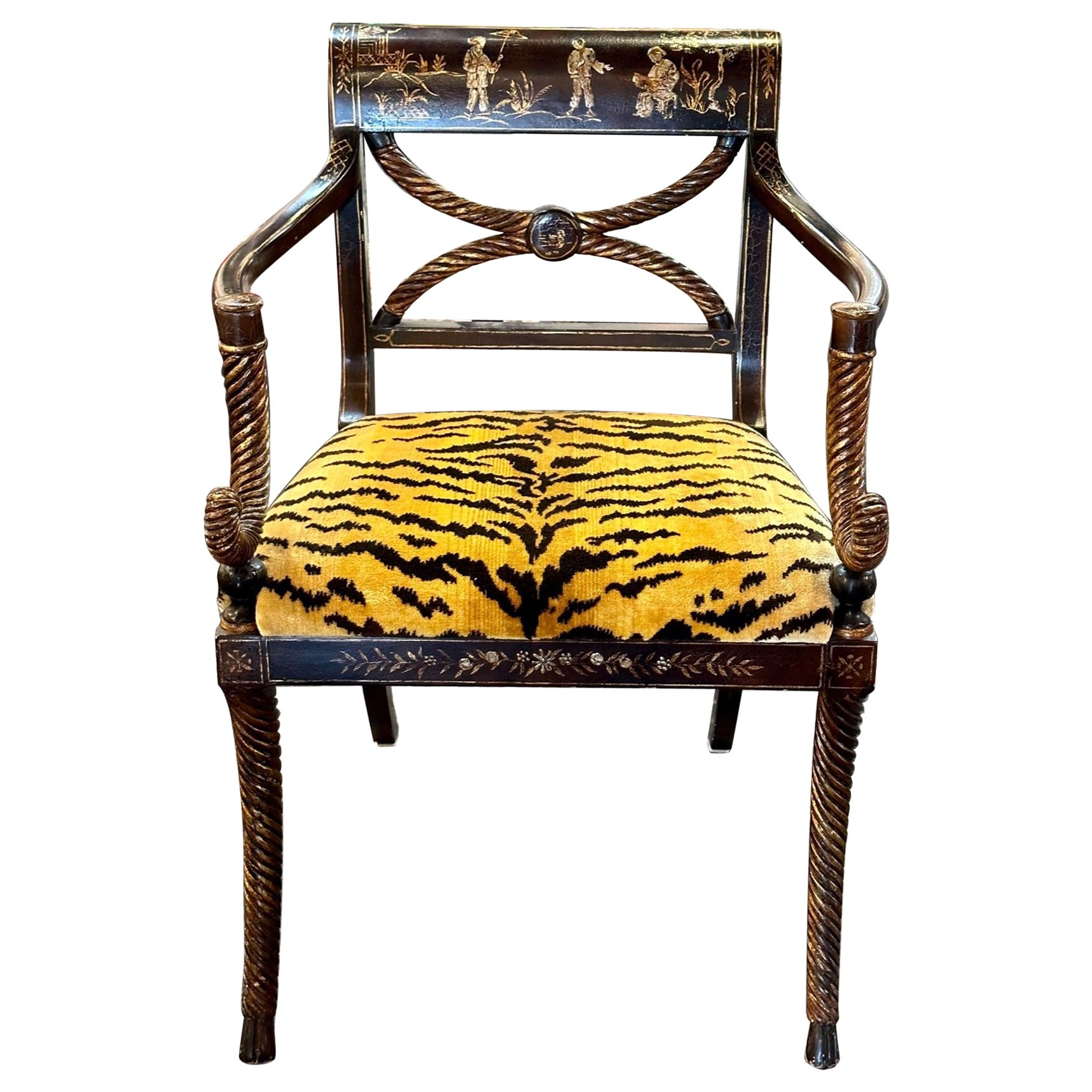 Antique English Regency Chinoiserie Armchair with Scalamandre Tiger Velvet