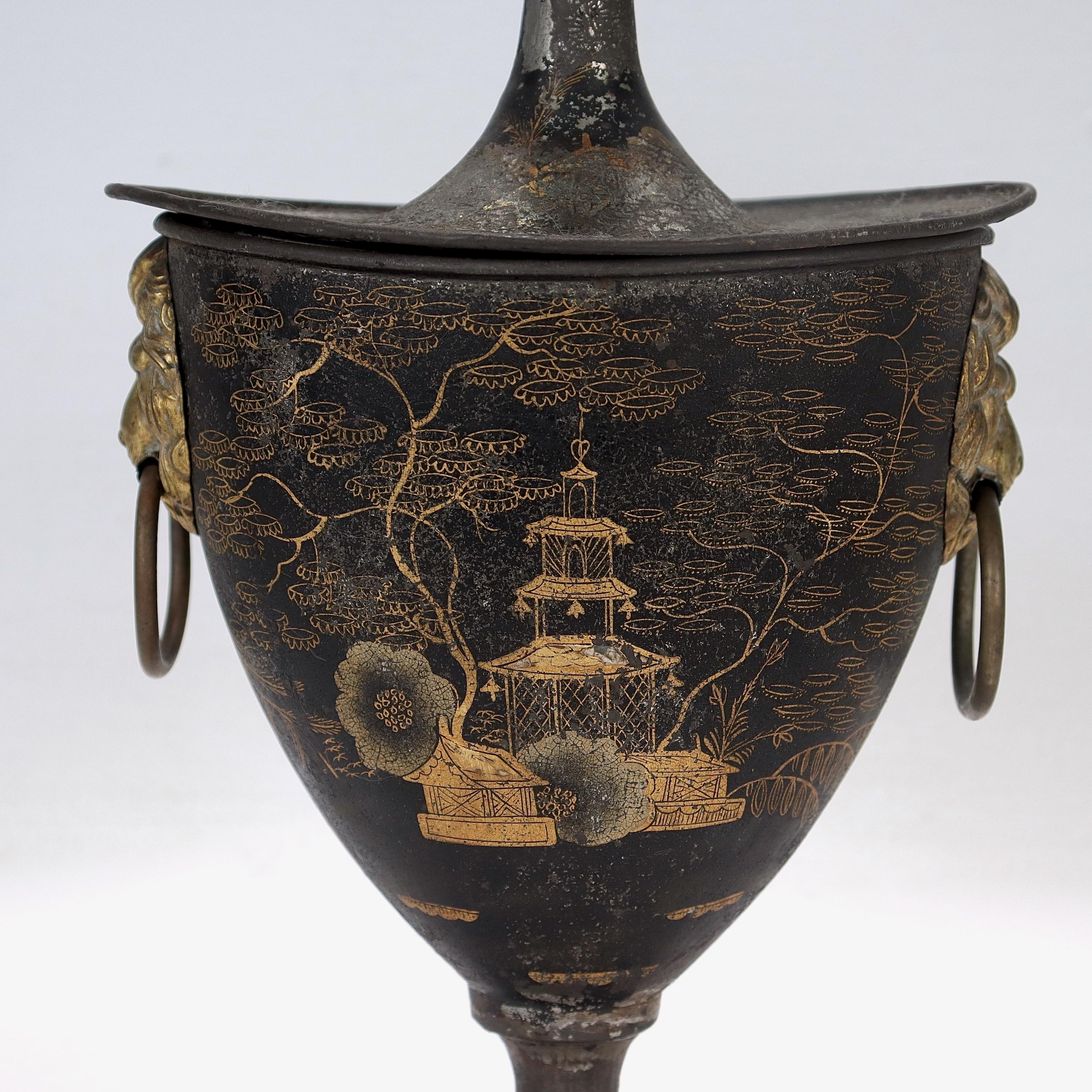 Antique English Regency Chinoiserie Toleware Covered Chestnut Urn or Vase 5