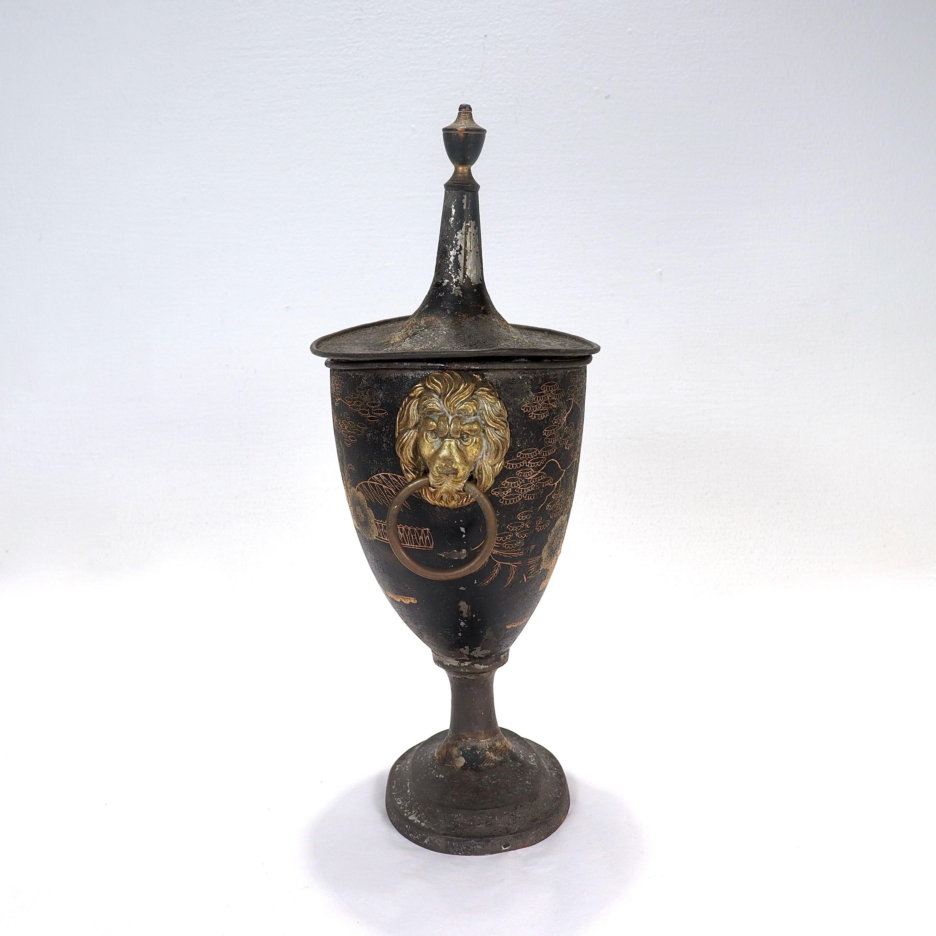 Gilt Antique English Regency Chinoiserie Toleware Covered Chestnut Urn or Vase