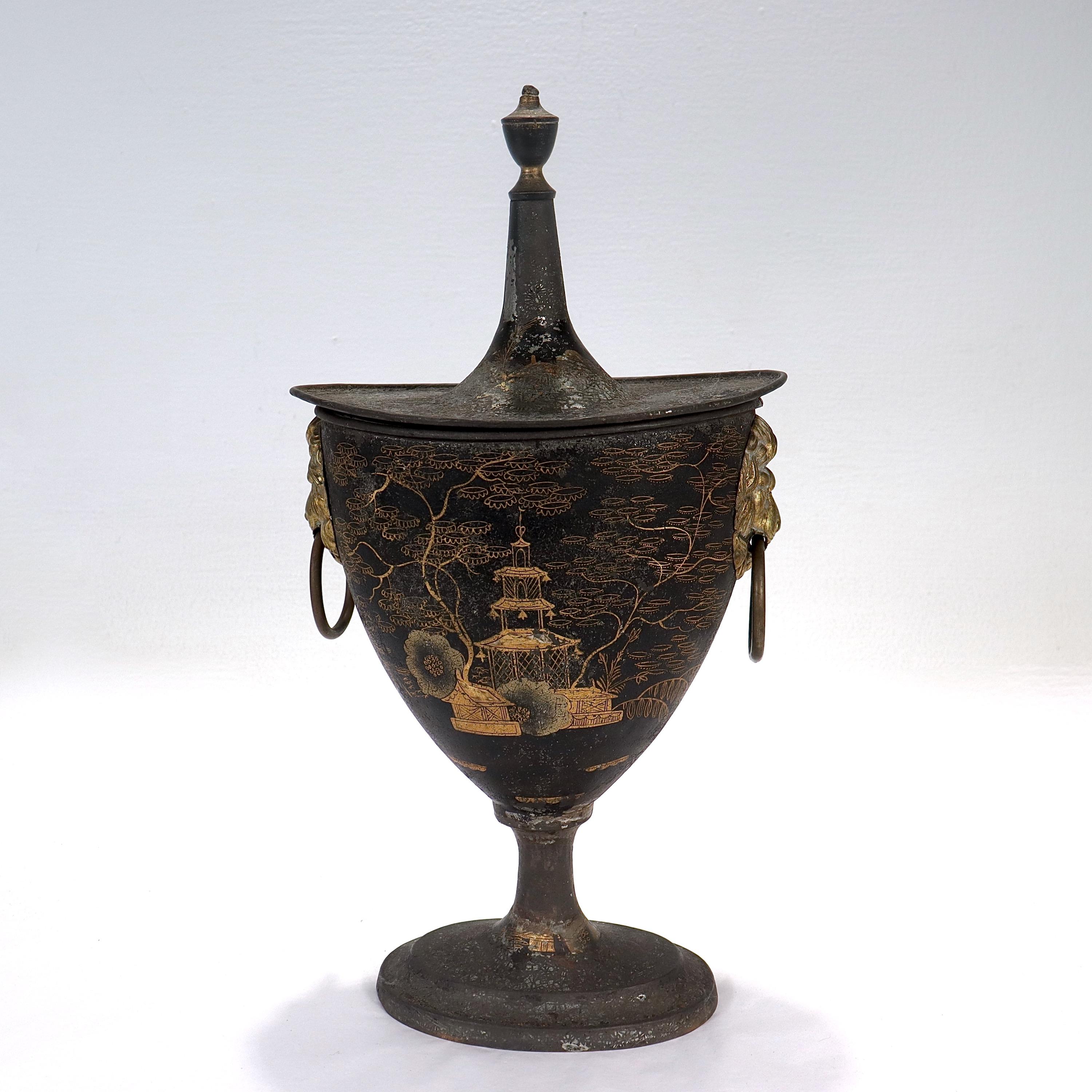 Antique English Regency Chinoiserie Toleware Covered Chestnut Urn or Vase In Fair Condition In Philadelphia, PA