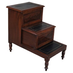 Antique English Regency Crotch Mahogany Leather Library Bed Steps Under Storage